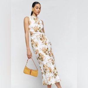 Reformation Casette Linen Dress in Bella White Yellow Floral Midi NWT